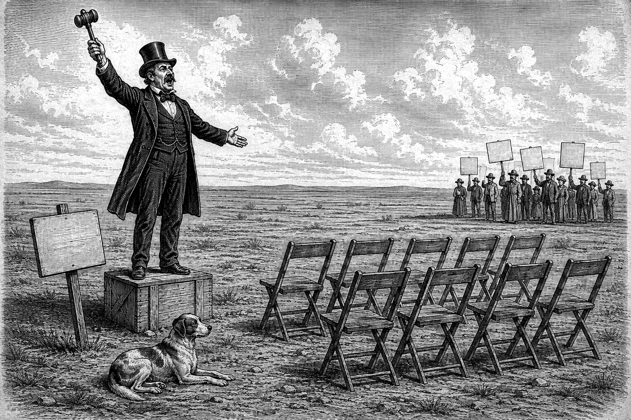 An auctioneer addressing empty chairs in an empty field.