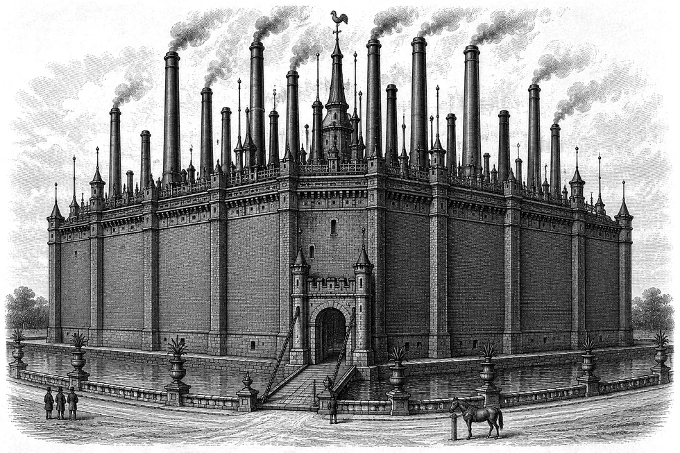 An enormous brick hall with far too many smokestacks.